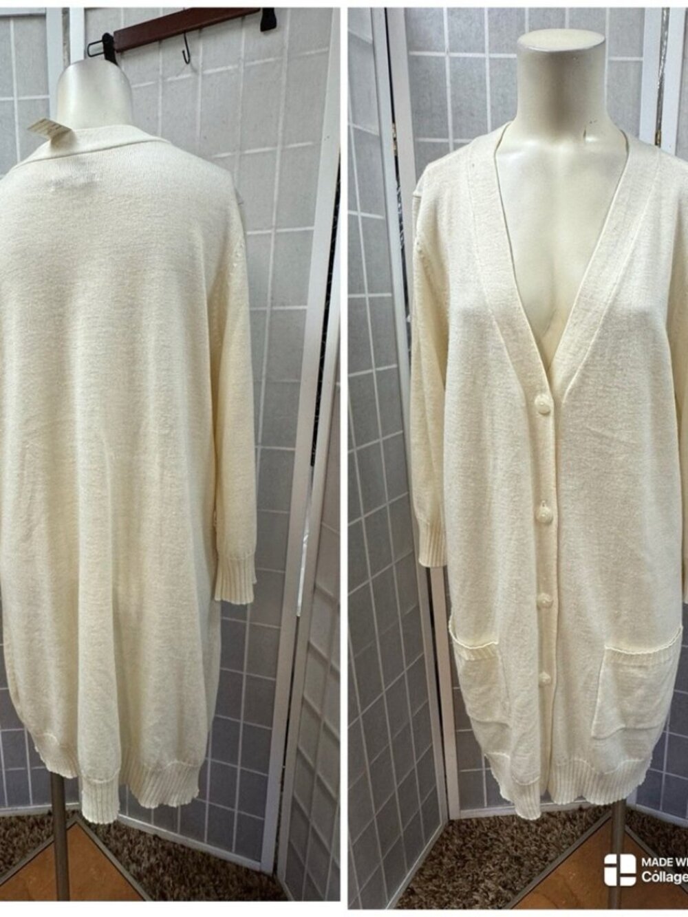 Covington,Sweater Coat,Cream,Size XL,Acrylic-Wool,Buttons,V Neck,Pockets,Long.!